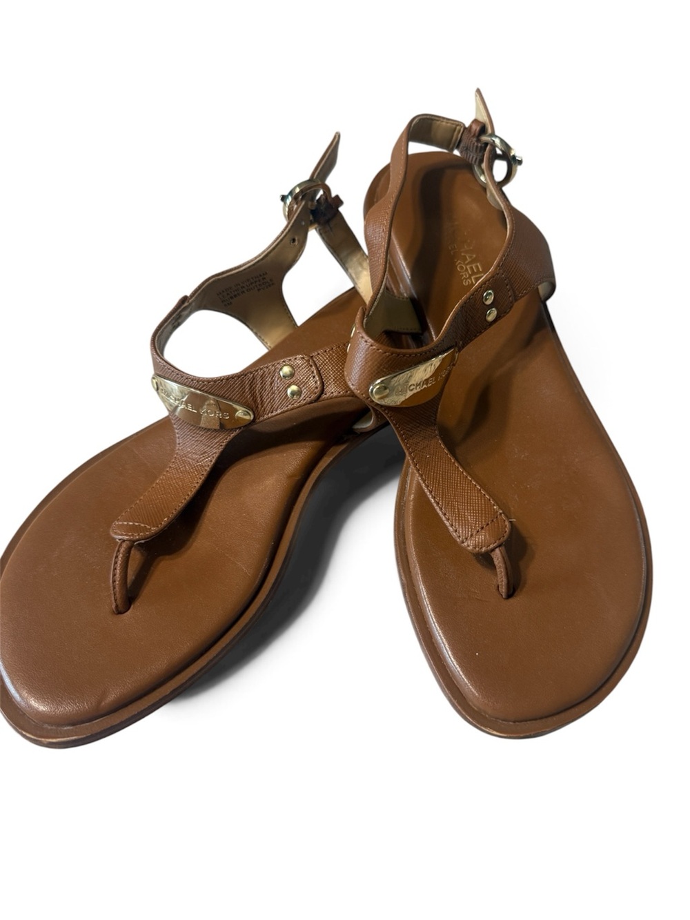 Michael Kors MK Plate Thong Sandals in Brown & Gold
